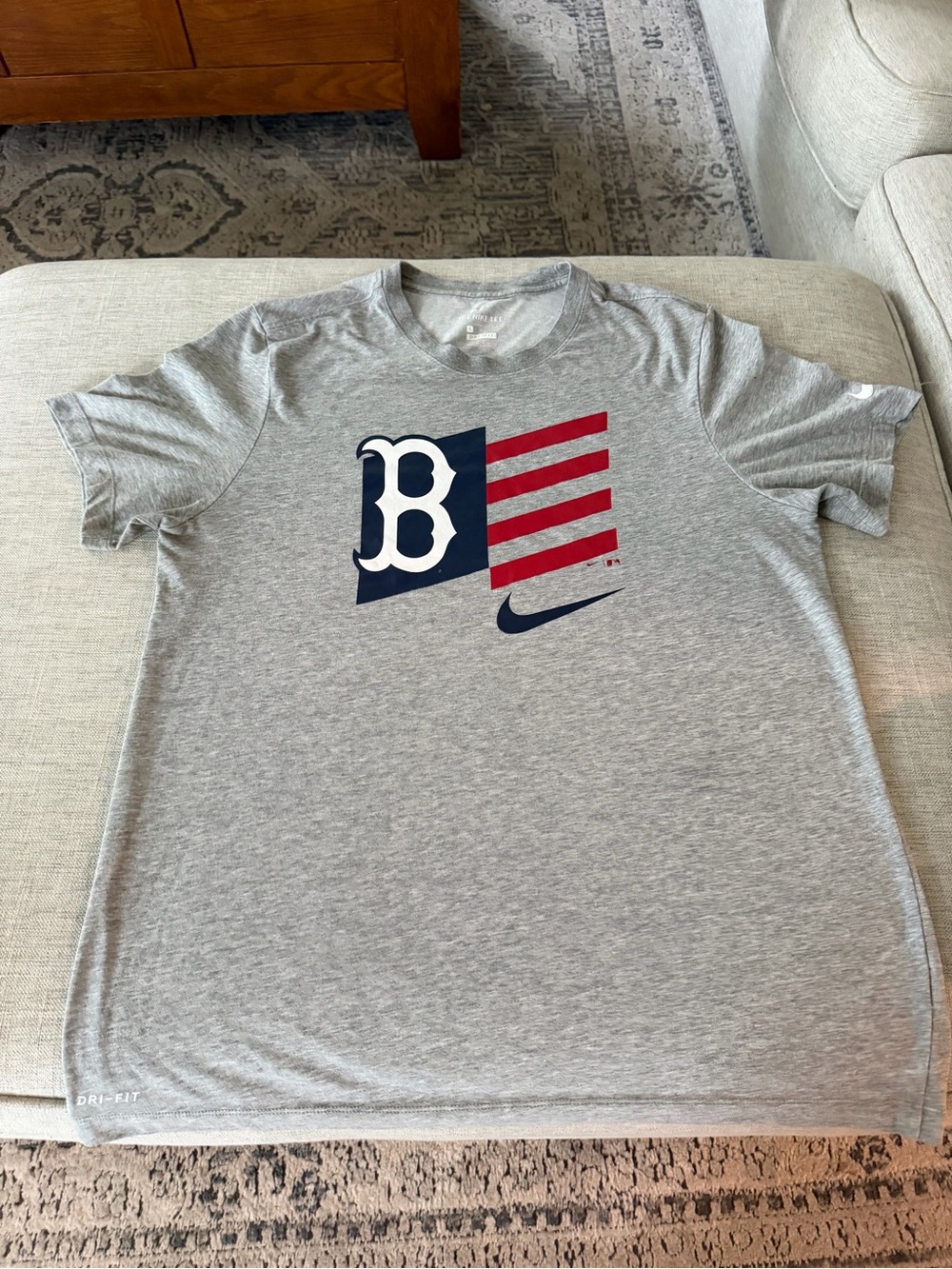 Nike Gray Short Sleeve Tee with Navy & Red Boston Flag Logo